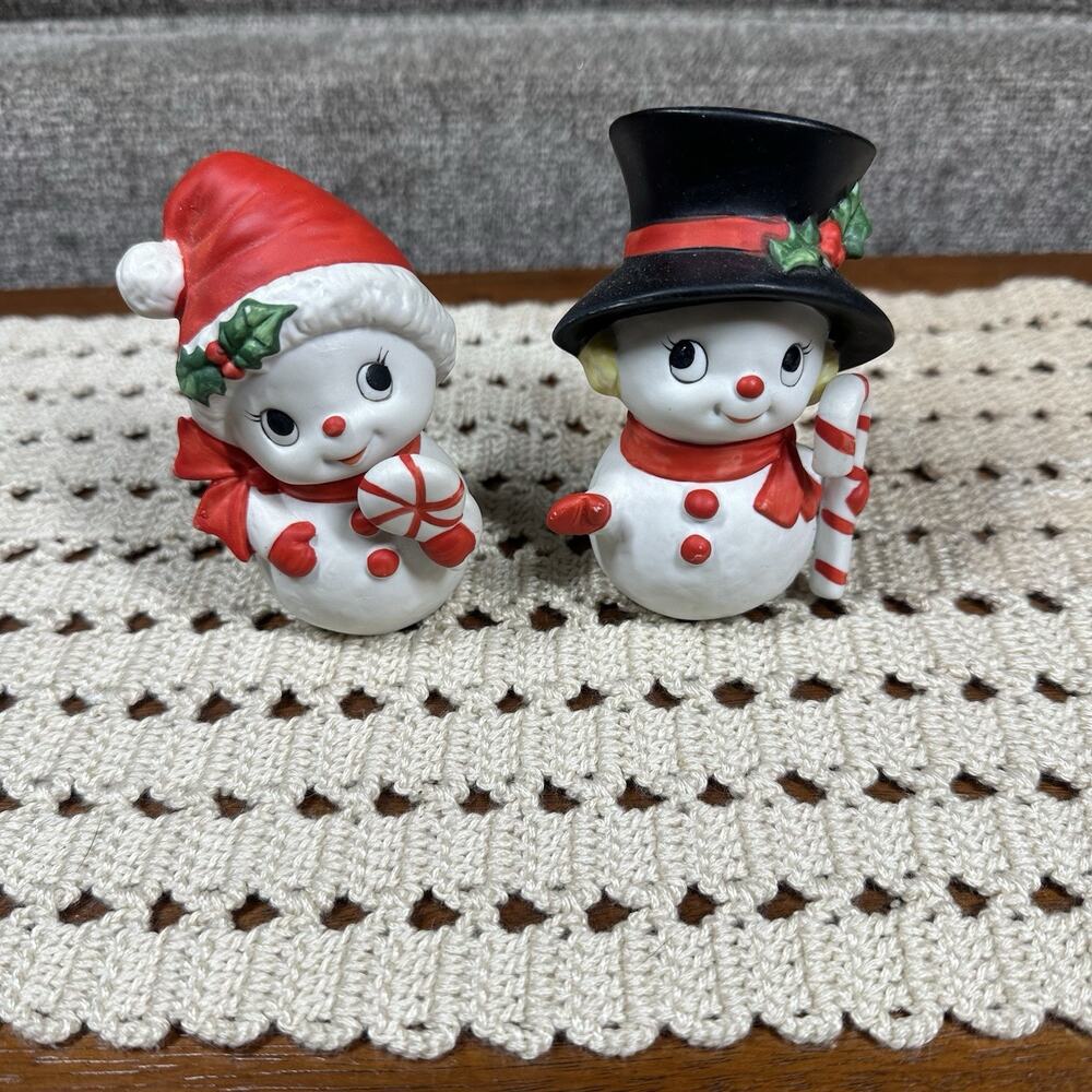 Vintage Homco #5604 Christmas Mr & Mrs Snowman Porcelain Figurines Set Of 2 80s